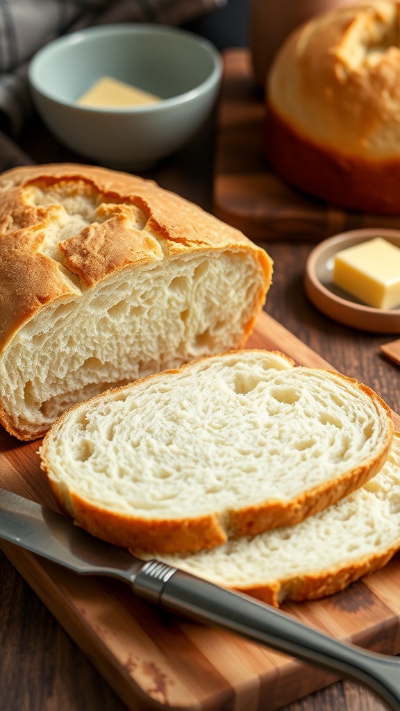 Quick Gluten-Free Yeast-Free Bread Recipe Freshly baked gluten-free bread loaf sliced on a wooden board with butter.